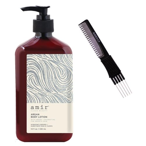 Sleekshop Comb + AMlR Clean Beauty Argan Body Lotion with Argan+Coconut Oil (w/Premium Teasing Comb) (Coconut Body Lotion (18 oz))