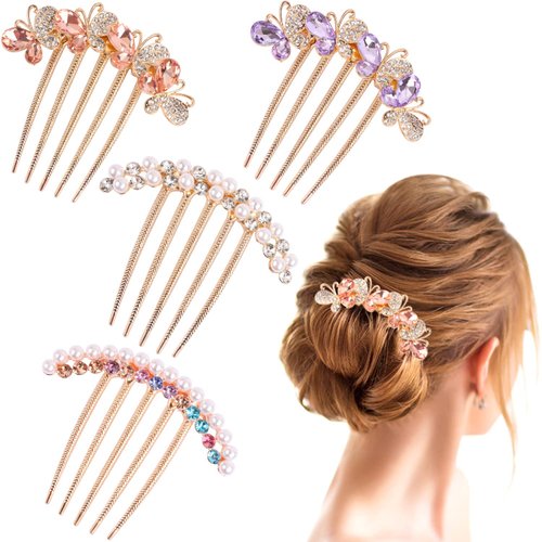 Pearl Rhinestones Hair Accessories - Crystals Butterfly Hair Fork Clips for Updo Buns, Decorative French Twist Hair Pins, Vintage Styling Combs for Women and Girls - Hair Styling Accessories