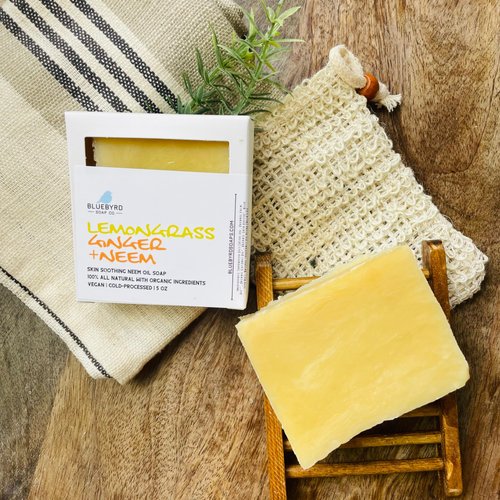 Bluebyrd Soap Co. Ginger Lemongrass All Natural Soap Bar with Neem Oil | Cleansing Beauty Bar Soap Scented with 100% Essential Oils | Neem for eczema prone skin, psoriasis and acne, 5oz. (GINGER)