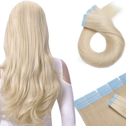 Benehair Remy Tape in Hair Extensions Human Hair Platinum Blonde Seamless Skin Weft Tape in Real Human Hair Extensions Straight Hair 16 Inch 100g #60 40pcs