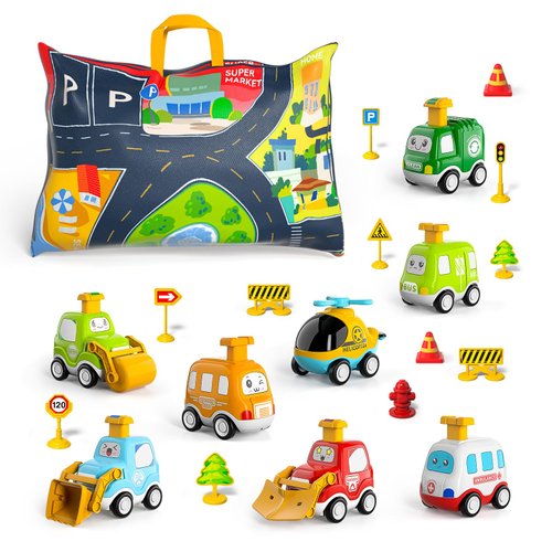 Bennol Toy Cars for Toddlers 1-3, 8 Pieces Push Cars for Toddlers 1-3 Boys Babies and Playmat Storage Bag Set, Infant Toys for 1 2 3 Years Old Boys Babies Toddlers Birthday Gifts