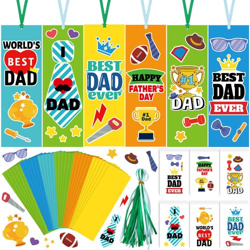 Humyoun 36 Sets Happy Father's Day Craft Kit for Kids DIY Dad Bookmark Sticker Scenes Make Your Own Craft Gifts World's Best Dad Craft Bulk for Classroom School Home Father's Day Party Favor Supplies