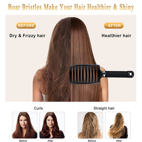 Detangling Brush Boar Bristles Set KTKUDY Hair Brush Curved and Vented Detangler Brush for Women Men Kids Wet and Dry Hair (Black&White)