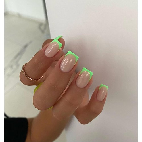 KXAMELIE Neon Green French Tip Press on Nails Short Square Natural Fake Nails For Women Nude Glue on Nails Short Nails Press on Gel Nails Set Reusable Acrylic False Nails For Girls in 24 PCS