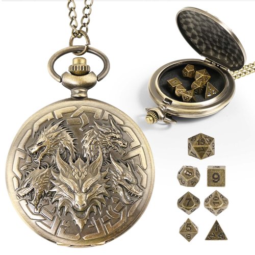 Banloga D&D Dice Set,7PCS Metal Dice Set for Dungeons and Dragons,Mini Dice Set with Pocket Watch Case,Role Playing Board Games Accessories (Dragon, Bronze)