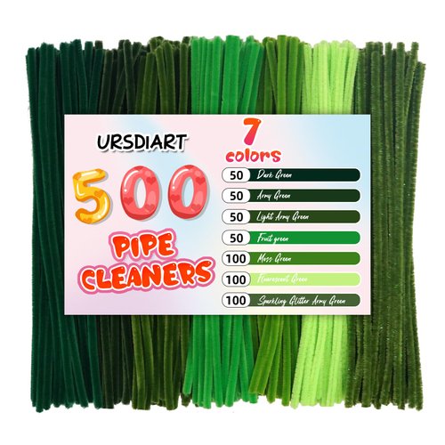 URSDIART 500pcs Pipe Cleaners,7 Assorted Colors Green Pipe Cleaners Craft, Christmas Pipe Cleaners for Crafts, Chenille Stems Art and Craft Supplies,Art and Craft Supplies