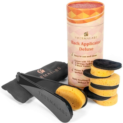 Back Applicator Deluxe: Apply Lotion or Medicine by Yourself on Unreachable Parts of Your Body! Folding Application Tool Set With Long Reach Handle Stick. Comes With 5 Sponges and a Prestigious Pouch