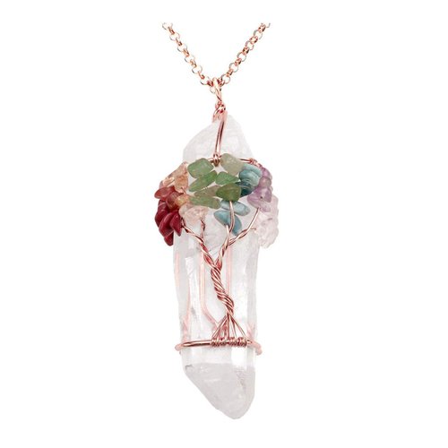 PESOENTH 7 Chakra Tree of Life Clear Quartz Crystal Necklace Women Wire Wrapped Natural Gemstone Healing Point Reiki Stones Pendant Necklace Spiritual Jewelry