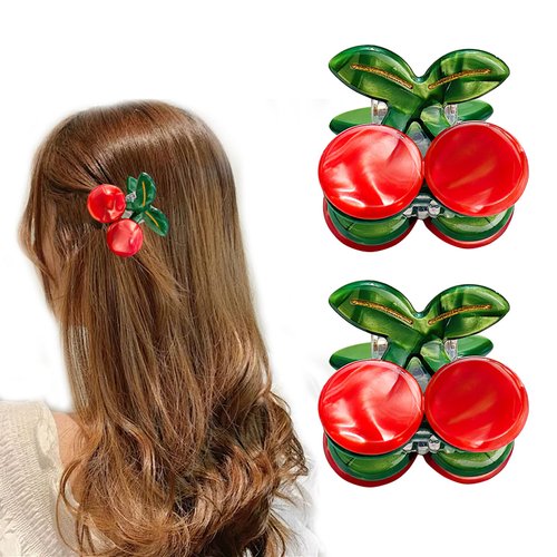 2 Pcs Mini Cherry Hair Clip, Small Cherry Hair Claw Clips, Acetate Cute Fruit Hairpins for Thin Thick Hair, Women Girls Non Slip Barrettes, Hair Accessories for Birthday Party Christmas (Red, Green)
