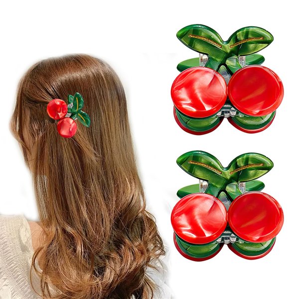2 Pcs Mini Cherry Hair Clip, Small Cherry Hair Claw Clips, Acetate Cute Fruit Hairpins for Thin Thick Hair, Women Girls Non Slip Barrettes, Hair Accessories for Birthday Party Christmas (Red, Green)