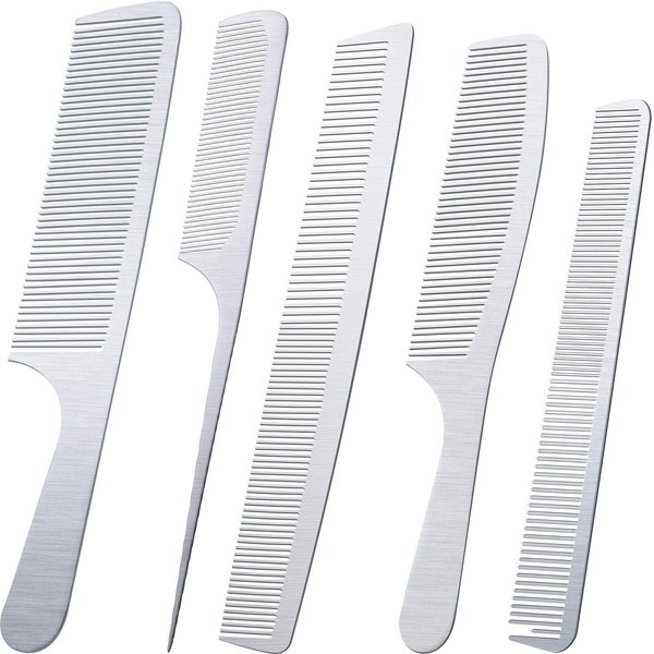 Boao 5 Pieces Stainless Steel Hair Comb Set - Silver Metal Tail Comb, Fine Cutting Combs, Hairdressing Combs, Teasing Combs, Detangler Combs - For Hair Styling Grooming