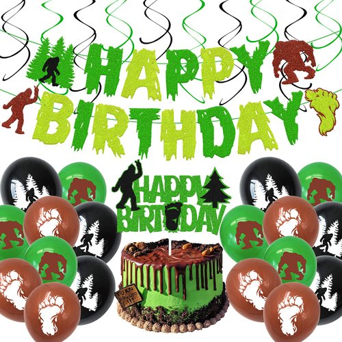 Birthday Decorations Happy Birthday Banner Cake Topper Silhouette Latex Balloons Black Green Hanging Swirls Birthday Party Supplies 39 PCS