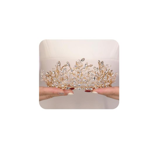 JWICOS Vintage Tiara Crown for Women Crystal Leaf Tiara Gold Wedding Headpiece Tiara for Birthday Prom Party Queen Wedding Crown Hair Accessories for Women Costume (Gold)