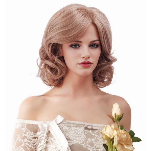 NJJYXH 14 Strawberry Blonde Wigs for Women Shoulder Length Wavy Wig with Bangs Synthetic Natural Wig for Cosplay,Halloween,Daily Use