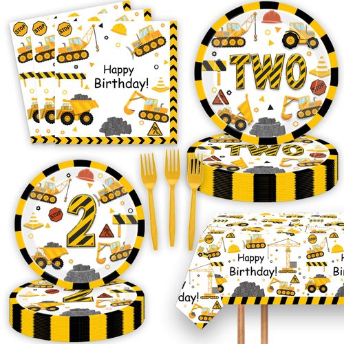51 Pcs Construction 2nd Birthday Party Supplies Dump Truck Two Years Old Tablecloth Paper Plates Napkins Forks Dinnerware for Construction 2nd Birthday Party Supplies Decorations