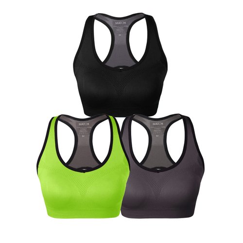 Match Womens Sports Bra Wirefree Seamless Padded Racerback Yoga Bra for Workout Gym Activewear with Removable Pads #001(1 Pack of 3(Black-Bright Green-Gray Brown),L)