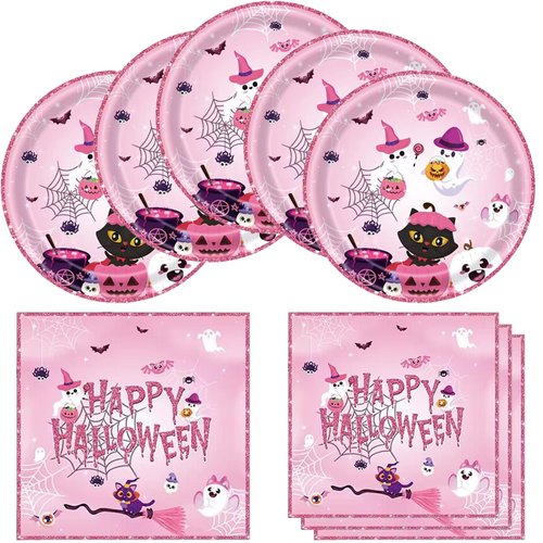 Halloween Party Tableware Decorations, Halloween Party Plates and Napkins, 20 Plates and 20 Napkins, Pink Halloween Ghost Party Decorations Pink Halloween Party Supplies