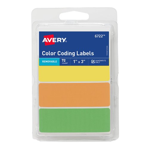 Avery Color-Coding Removable Labels, 1" x 3", Assorted Neon Colors, Non-Printable, 72 Blank Labels Total (6722)