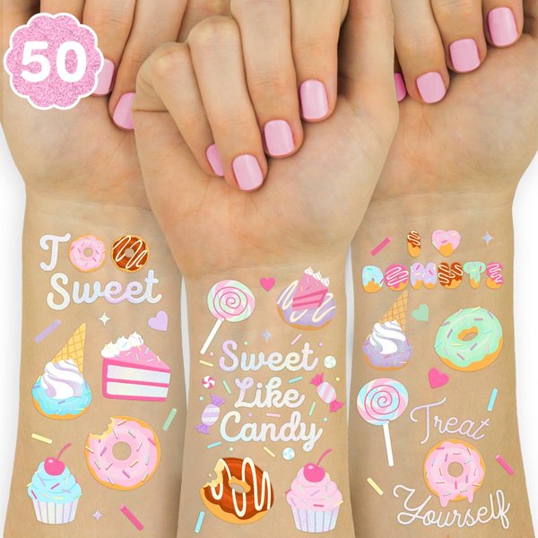 xo, Fetti Donut Party Temporary Tattoos - 50 Iridescent Styles | Dessert Birthday Party Goodie, Ice Cream Kids Favor, Cupcake and Candy Tats