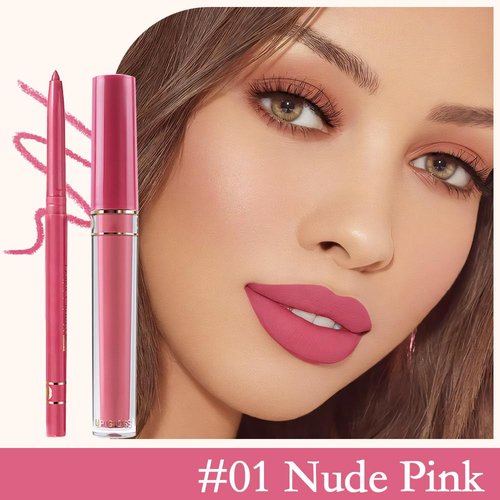 evpct 2Pcs Nude Pink Matte Lip Liner and Lipstick Lip Gloss Set Kit for Women, Nude Pink Matte Lipstick Kit with Lip Liner, Lip Stains Long Lasting Waterproof 24 Hour Lipstick and Lip Liners Pencils