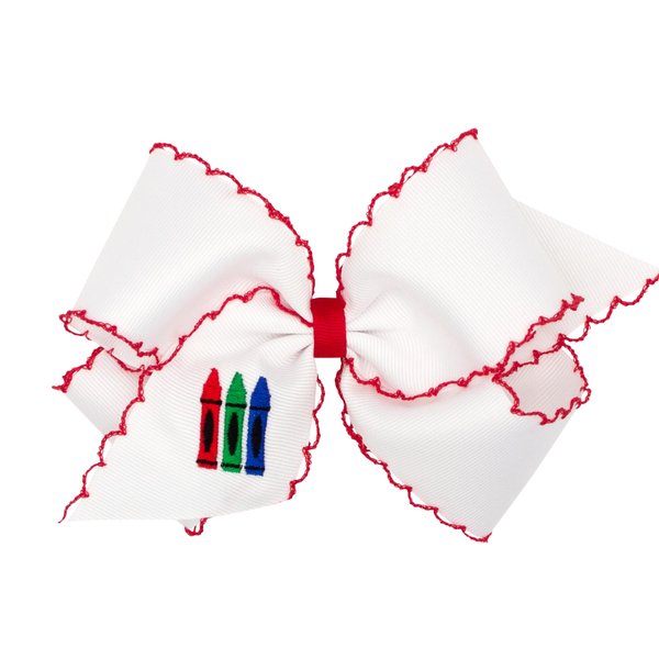 Wee Ones Girls Grosgrain Hair Bow with Red Moonstitch Edge and Crayon Embroidery on a WeeStay Clip with Plain Wrap, King, Crayons Red