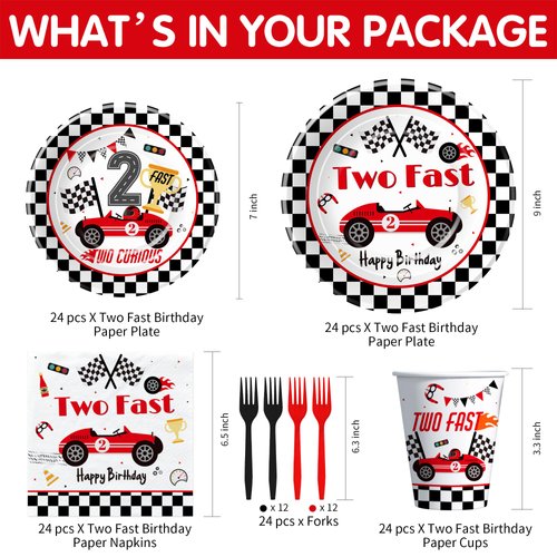Suhelkit Race Car 2nd Birthday Party Decorations Tableware - Red Two Fast Birthday Decorations Party Supplies, Paper Plate, Cup, Napkin, Fork, Two Fast Two Curious Birthday Decorations Kids | Serve 24