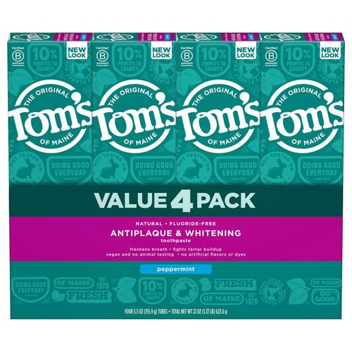 Tom's of Maine Fluoride-Free Antiplaque & Whitening Toothpaste, Peppermint (5.5 oz., 4 pk.)