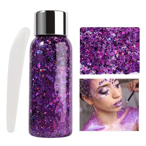 MAEPEOR Chunky Face Body Glitter Gel 19 Colors Mermaid Sequins Holographic Body Glitter Gel Long-Lasting Festival Makeup Glitter Paint for Face Body Hair Nails (30g, #006 Purple)