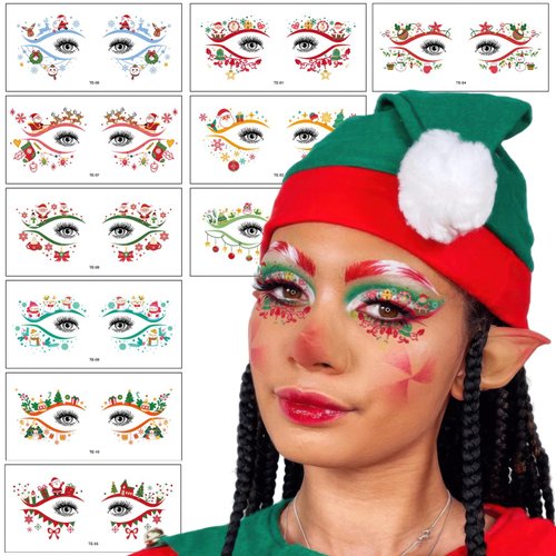 10 Sheets Christmas Eyeshadow Face Tattoo Stickers Eyeliner Decals Santa Claus Xmas Tree Snowflake Snowman Makeup Temporary Tattoo Stickers for Women Xmas Masquerade Party (Red Green Blue)
