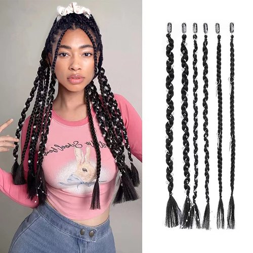 VAVANGA 6PCS Braid Hair Extensions, 18inch Long Braided Hair Piece with Pearls Braids Front Side Bang Black Clip in Braided Ponytail Hair Extensions with Braid Accessories for Women(1B#, 18")
