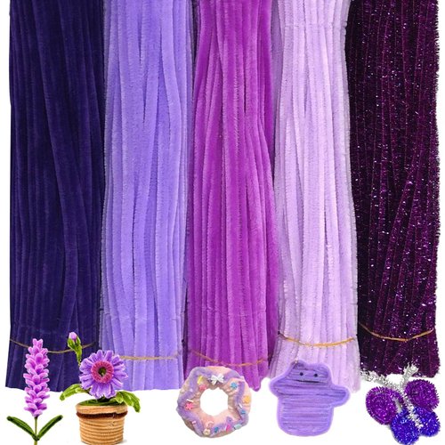 URSDIART 500pcs Purple Pipe Cleaners,5 Assorted Colors Purple Pipe Cleaners for Crafts, Halloween Craft Pipe Cleaners, Fuzzy Sticks Chenille Stems for Art and Craft Supplies DIY Creative Project