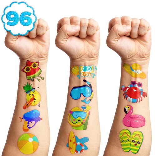 Generic 100 PCS Summer Pool Temporary Tattoos Birthday Party Decorations Favors Supplies Beach Balls Floats Swimming Pool Funny Items Decor Stickers For Girls Boys Gift School Prizes Rewards