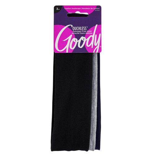 Goody Ouchless Comfort Head Wraps - 3 Ct, Black/Grey, Soft & Stretchy Fabric Headbands for Women & Men, Secure Hold Yoga, Workout Headband, Versatile Hair Accessories for All-Day Wear, All Hair Types
