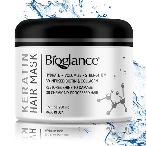 Bioglance Keratin Hair Mask | Quick Repair | Restore Shine & Volume | Efficient Formula with Biotin & Collagen | Hydrates Volumizes & Strengthens | Made in USA