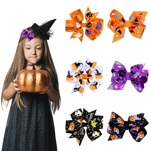 Ouligay 6Pcs Halloween Hair Bows for Girls, Pumpkin Spider Ghost Halloween Hair Clips Barrettes, ...