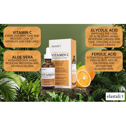 Elastalift Vitamin C Facial Serum For Age Spots, Wrinkles, & Expression Lines. Anti-Aging Face Serum W/Vitamin C & Hyaluronic Acid Brightens Skin To Promote Healthier Skin Complexion, 1.75 Fl Oz