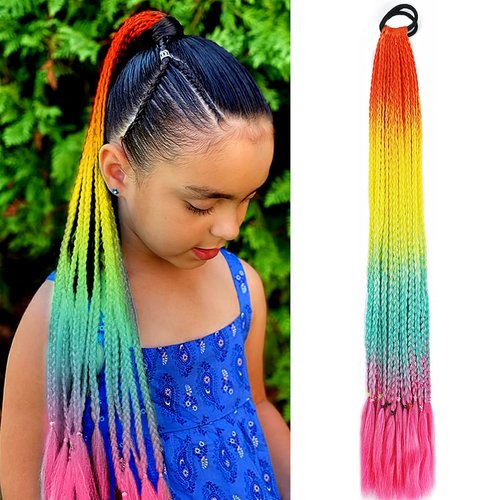 Colored Braids Halo Hair Extensions Party Rainbow Festival Braids Hairpiece False Box Braided Synthetic Ponytail Crazy Hair Accessories for Women Kids Girls Highlights Cosplay Dress