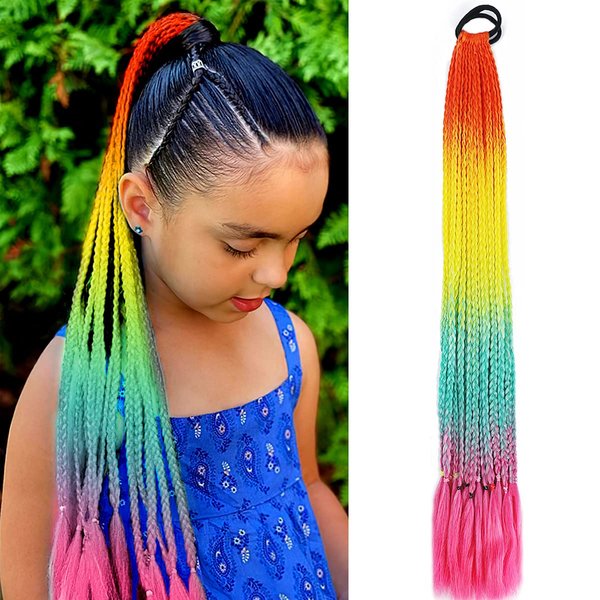 Colored Braids Halo Hair Extensions Party Rainbow Festival Braids Hairpiece False Box Braided Synthetic Ponytail Crazy Hair Accessories for Women Kids Girls Highlights Cosplay Dress