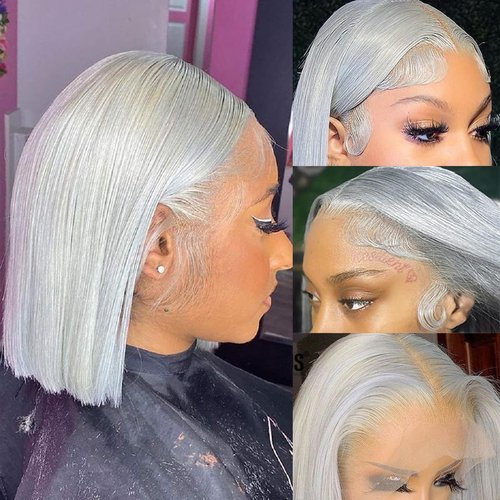 Asteria Colored Short Bob Wigs Human Hair Wig with Pre Plucked Baby Hair Silver Color 13x4 Lace Frontal Bob Wig Grey Wigs for Women Glueless Straight Bob Wig 150% Density 10 Inch