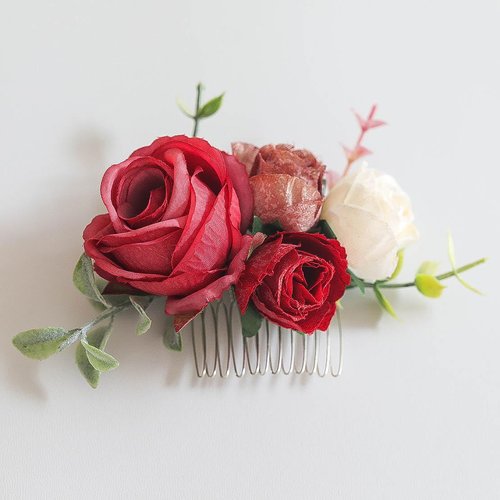 Fangsen Elegant Wedding Hair Accessories Vintage Silk Flower Hair Comb with Red Rose Bud Perfect Bridal Hair Accessories for Special Occasions (Red-02)