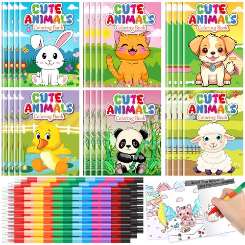 Motipuns 24 Set Christmas Classroom Gifts, 24 Cute Animals Coloring Book with 24 Stacking Crayons for Students Christmas Party Favors Stockings Pinata Filler Christmas School Goodie Bag Stuffers