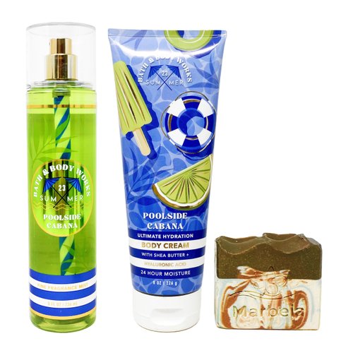 Bath & Body Works Poolside Cabana - Duo Gift Set - Fine Fragrance Mist and Body Cream With a Cabin Spice Soap.