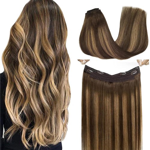 GOO GOO Wire Hair Extensions Real Human Hair, 16inch 95g Chocolate Brown to Caramel Blonde, Invisible Wire Hair Extensions with Transparent, Seamless Fish Line Hairpiece, Straight Remy Hair Extensions