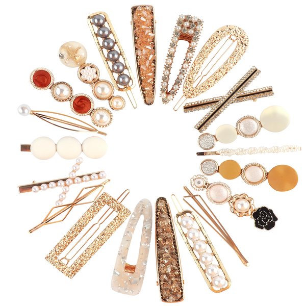 Beauty.H.C Pearl and Acrylic Resin Hair Clips, French Golden Hair Clip Set, Decorative Alligator Hair Jewelry, Fancy Hair Glitter Crystal Bobby Pins, Hair Barrettes for Women (20 PCS)
