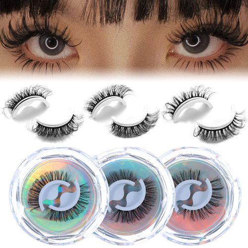 DSLONG 3 Pairs Self Adhesive Eyelashes 3D Multi-layered D Curl Fake Eyelashes 3 Styles No Glue Self Sticking Strip Lashes Easy to Use (A-D curly)