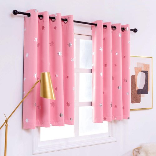 Anjee Pink Blackout Curtains for Girls Bedroom 54 Inches Length Stars Window Drapes Silver Foil Printed Room Darkening Panels Grommet Thermal Insulated Drapery Nursery Decor, Baby Pink 38x54 Inches