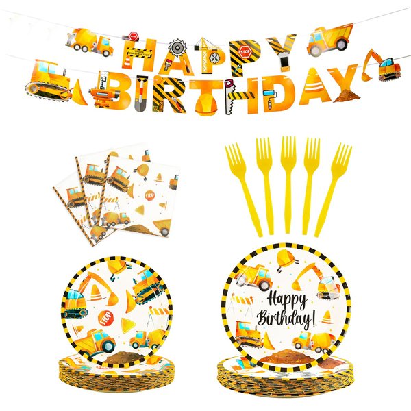 Construction Birthday Party Supplies, Construction Themed Party Decoration with Banner Plates Napkins Forks for Boys Birthday Baby Shower, Serves 24 Guests