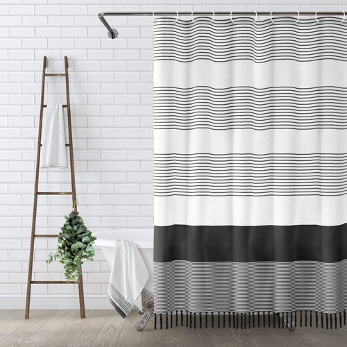 Awellife Black and White Shower Curtain for Bathroom Extra Long Black Tassel Stripe Shower Curtain 72 X 78 Inches Farmhouse Linen