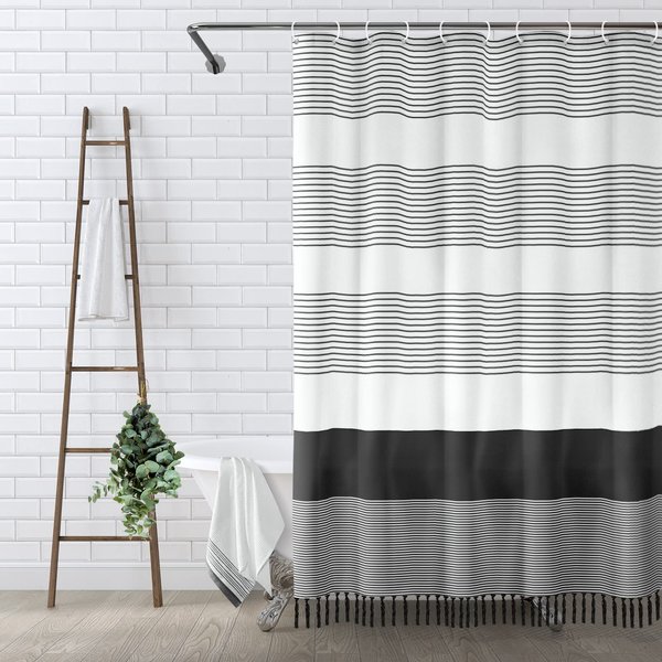 Awellife Black and White Shower Curtain for Bathroom Extra Long Black Tassel Stripe Shower Curtain 72 X 78 Inches Farmhouse Linen