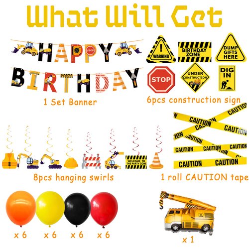 Construction Birthday Party Supplies Dump Truck Party Decorations for Boys included Happy Birthday Banner,Construction Sign,Hanging Swirls,Balloons,Caution Tape for Kids Birthday Party